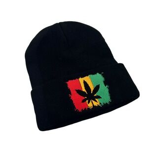 NEW Rasta Beanie Hat Black‎ Marijuana Leaf Knit Cap Skull Winter Toboggan
